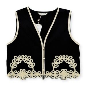 Commense Embroidered Vest Womens Medium Black Cream Boho Button Sleeveless NWT